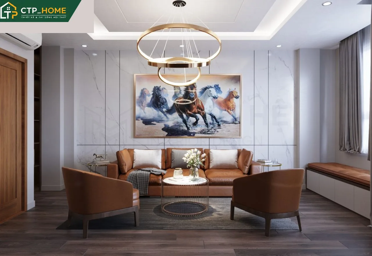 Phòng khách nhà phố Bình Dương hiện đại với sofa da cao cấp và kệ tivi gỗ óc chó