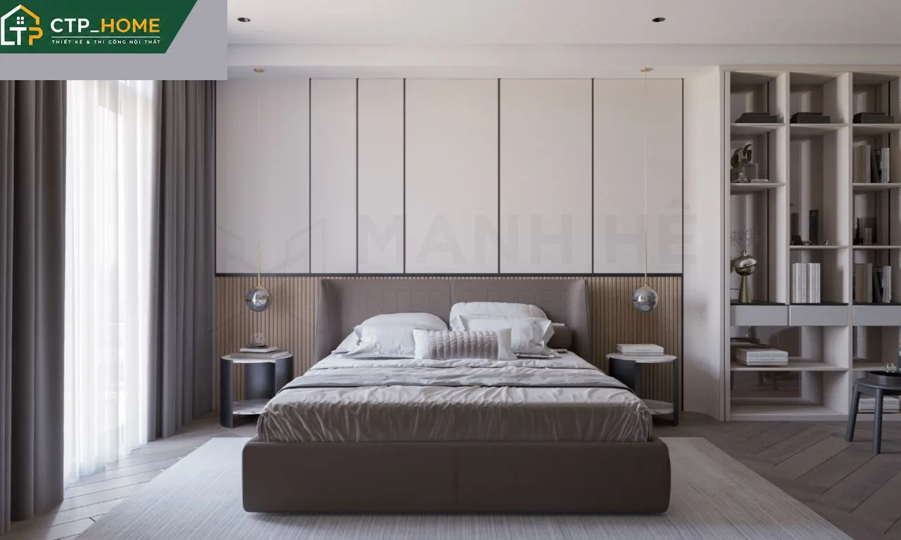 Phòng bếp nhà phố Tiền Giang với tủ bếp gỗ sồi Mỹ phủ melamine chống trầy, bàn đảo đá nhân tạo