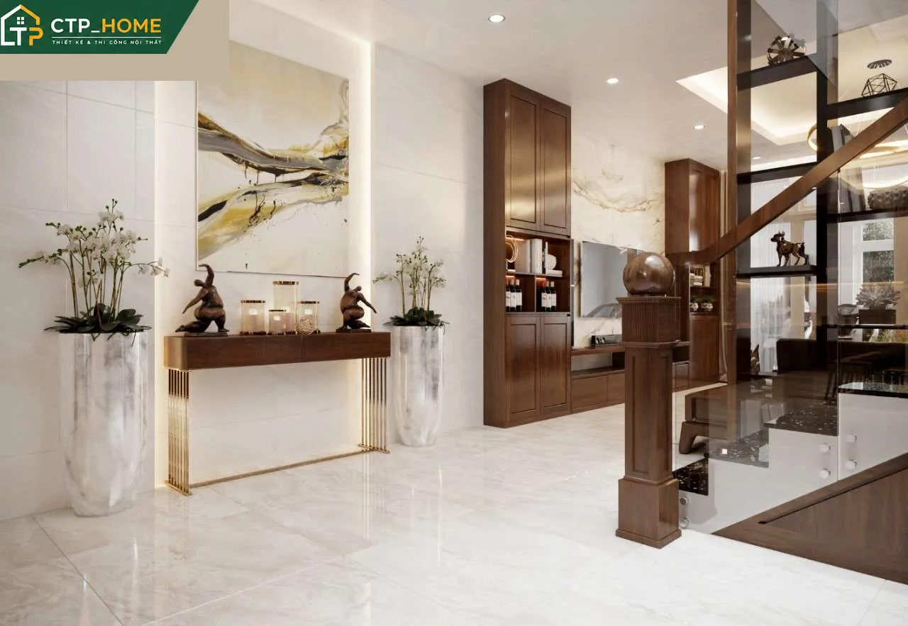 Thiết kế nội thất phòng ngủ master nhà phố Tiền Giang với giường gỗ óc chó và hệ tủ âm tường tích hợp đèn LED