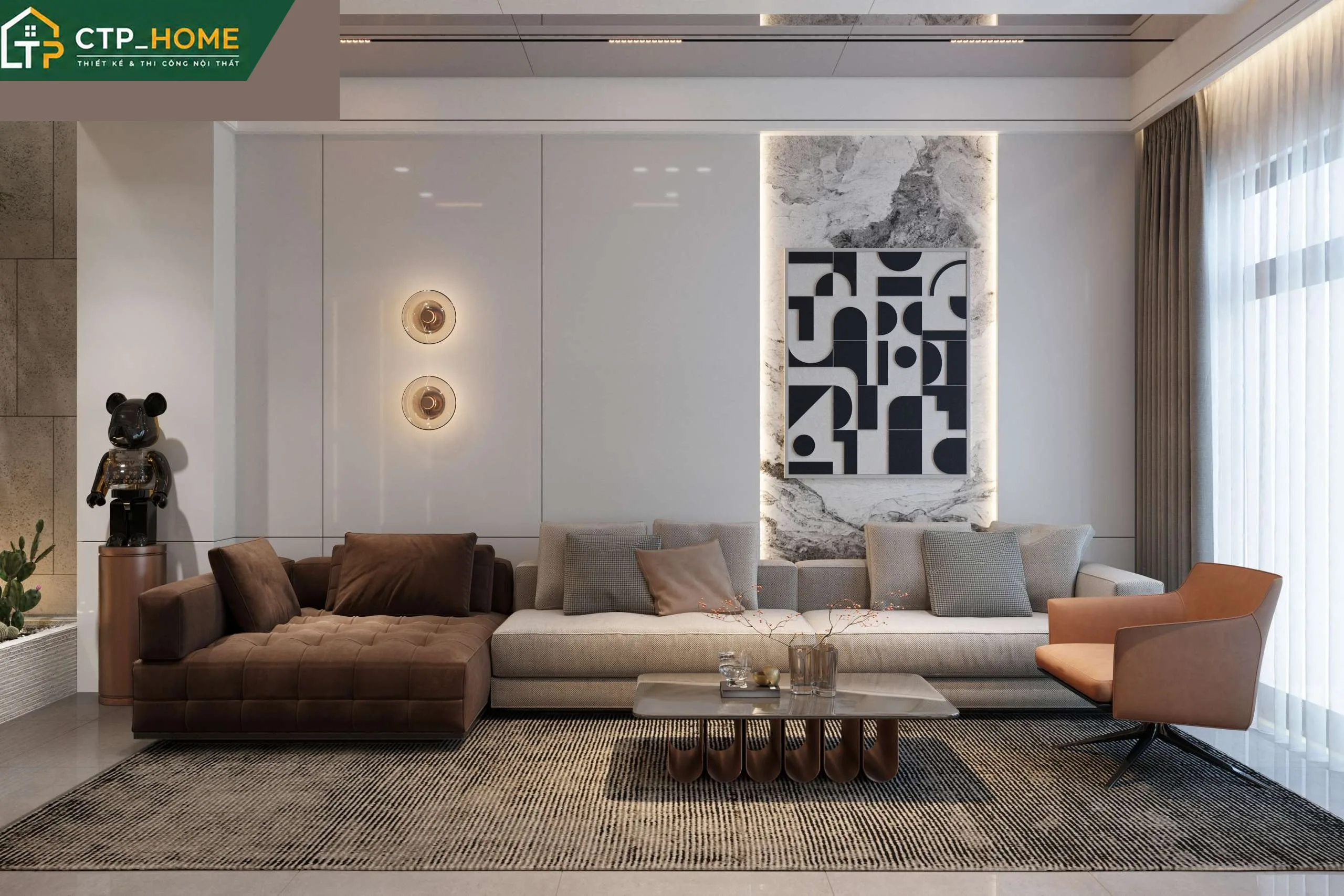 Phòng khách nhà phố Bình Dương 3 tầng với sofa da cao cấp và hệ tủ âm tường hiện đại