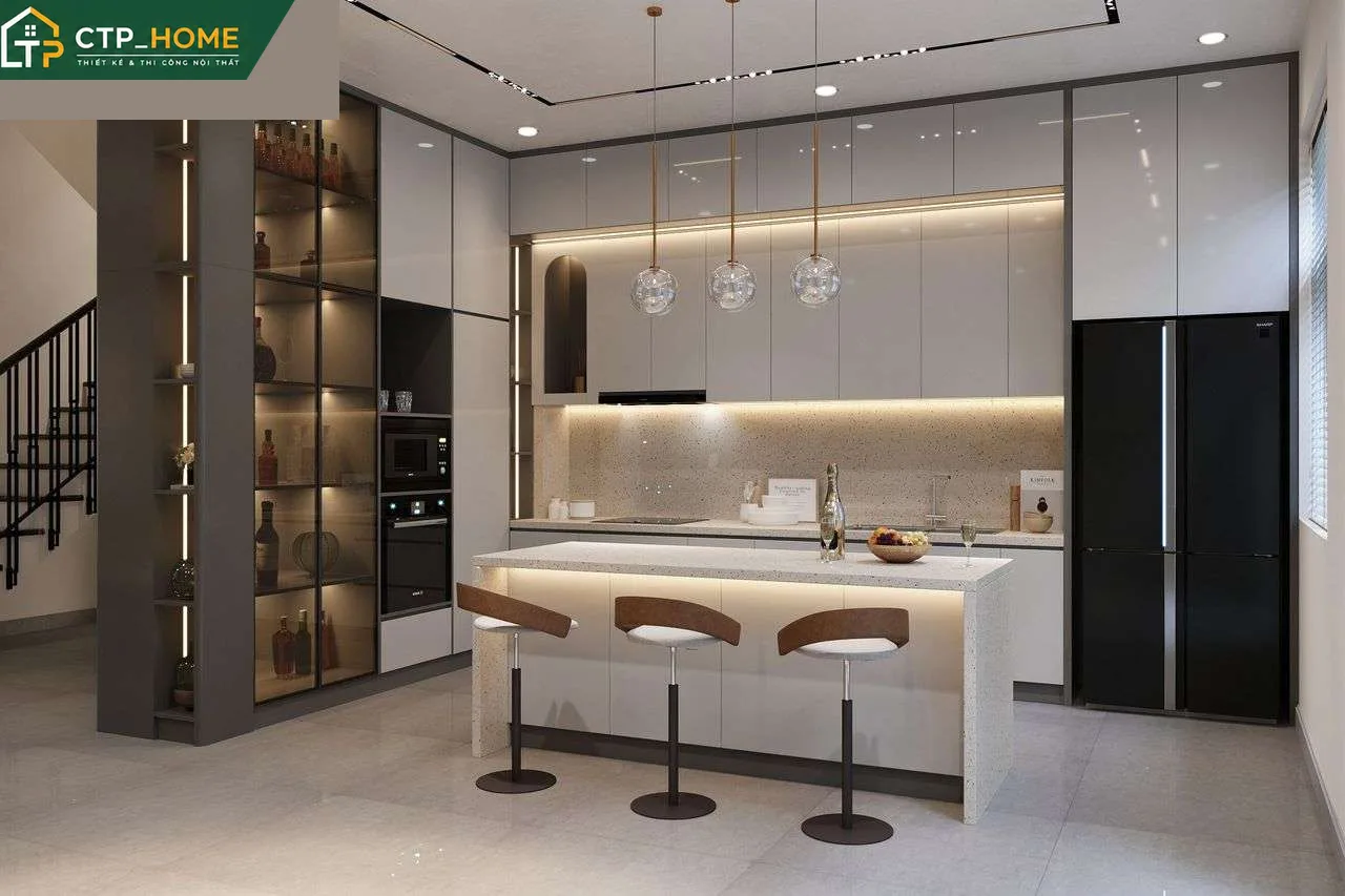 Phòng ngủ master nhà phố Bình Dương với giường gỗ óc chó, đầu giường bọc nỉ và hệ tủ quần áo âm tường