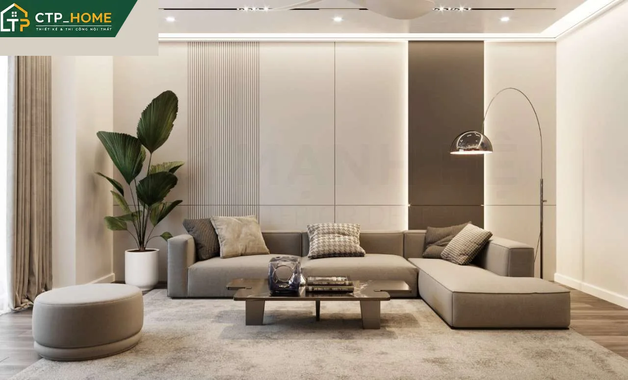 Phòng khách nhà phố Bình Dương 3 tầng thiết kế mở với sofa da cao cấp và kệ tivi gỗ óc chó