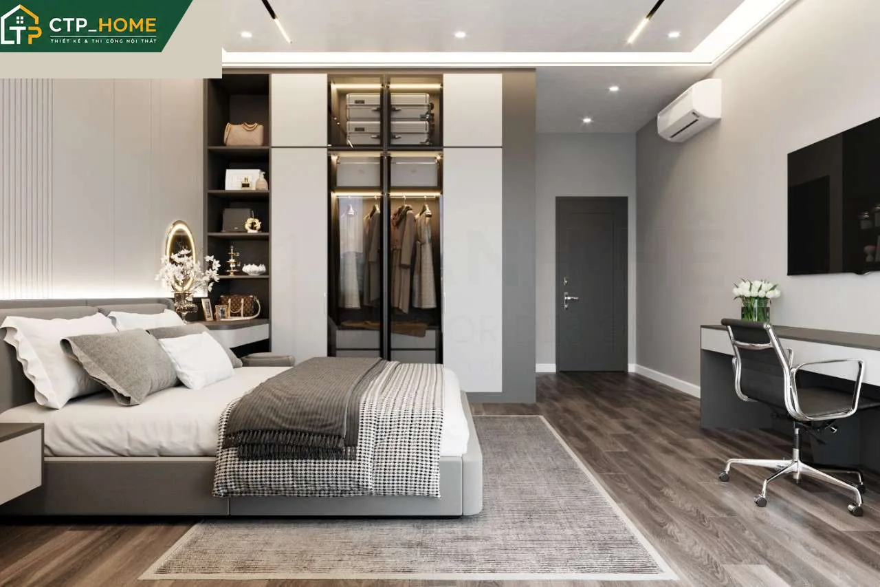 Bếp nhà phố Bình Dương 3 tầng với tủ bếp acrylic bóng gương và bàn đảo liền kệ rượu