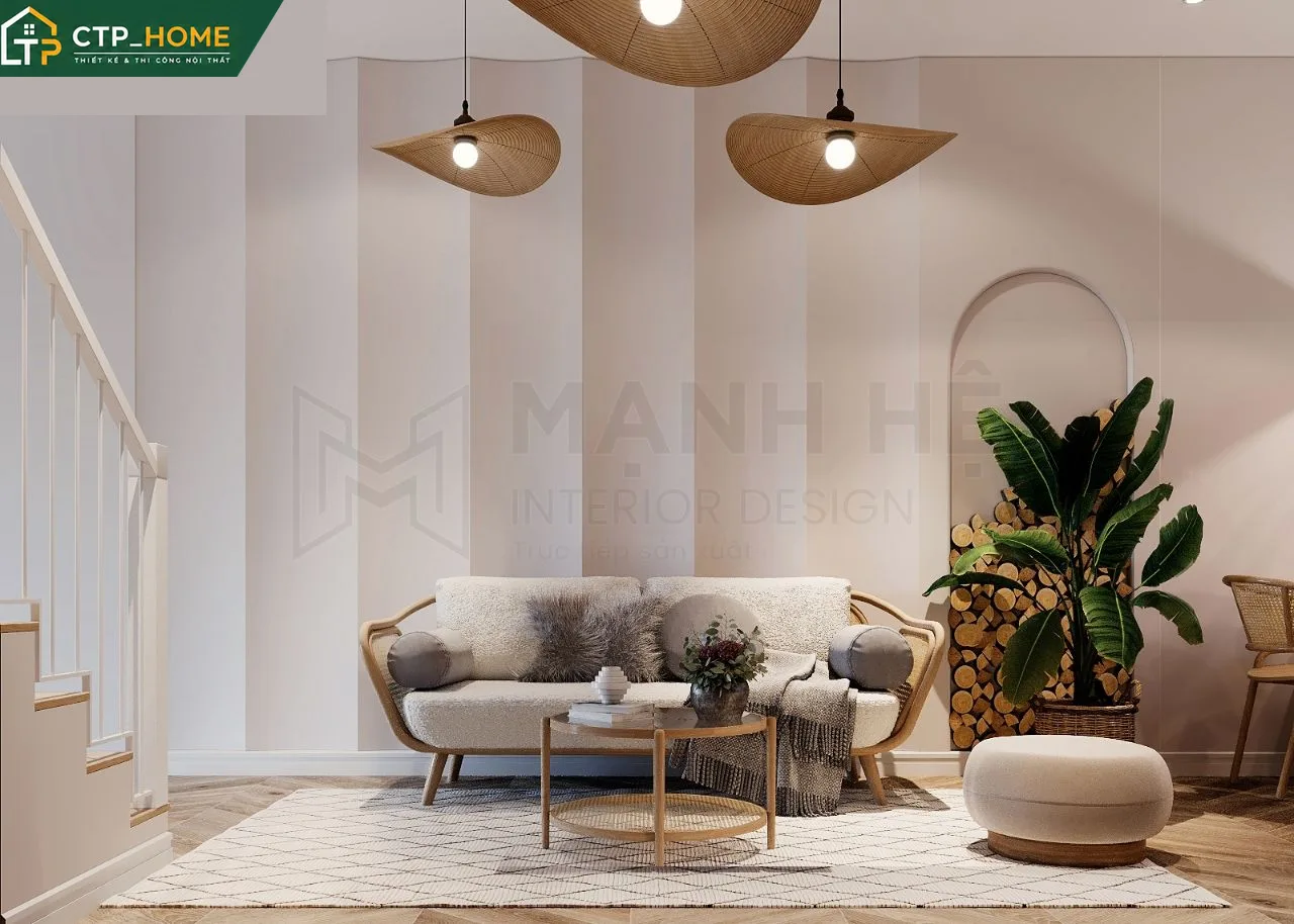 Phòng khách nhà phố Bình Tân hiện đại với sofa góc da cao cấp và kệ tivi gỗ sồi Mỹ