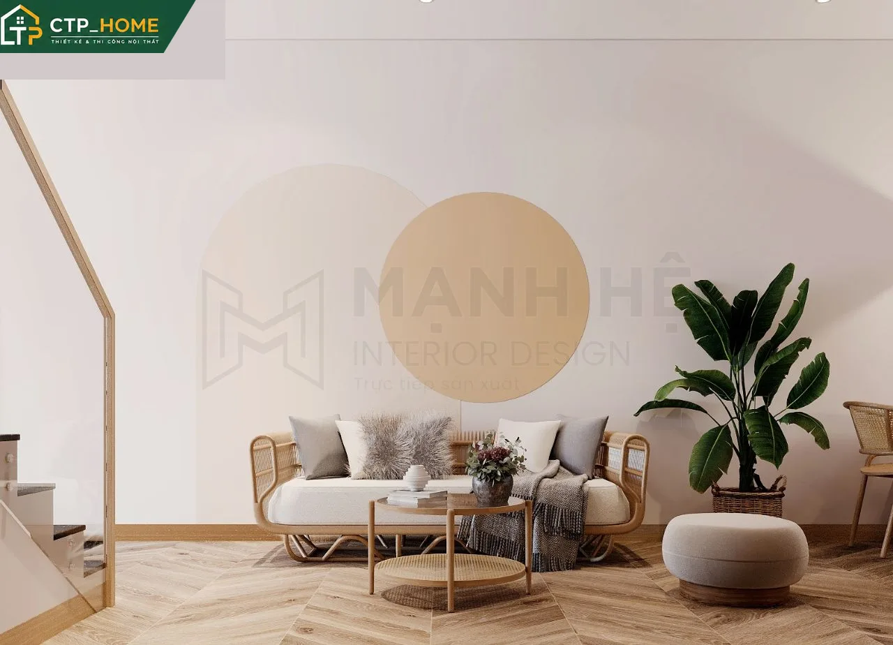 Thiết kế nội thất phòng khách nhà phố Bình Tân hiện đại với sofa góc gỗ óc chó và kệ tivi âm tường