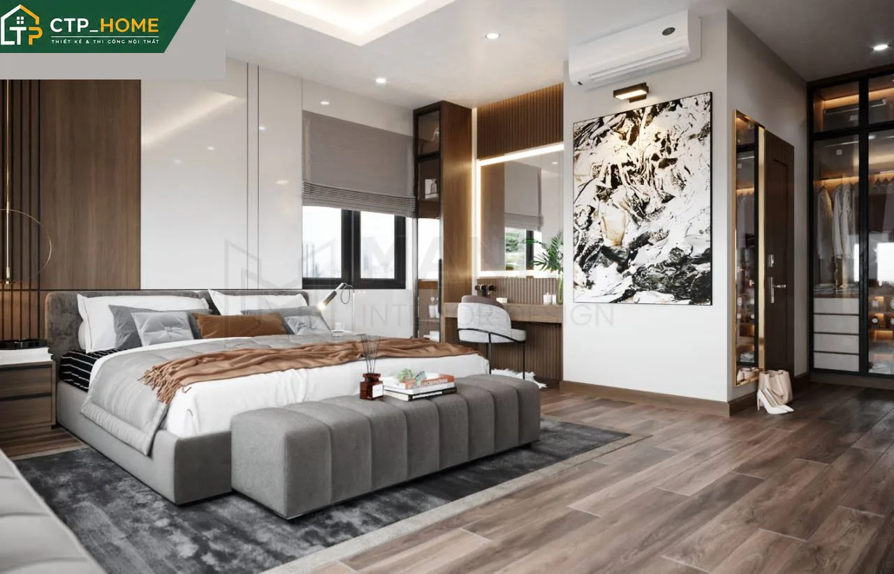 Phòng bếp mở biệt thự Kiên Giang với hệ tủ bếp Acrylic bóng gương và đảo bếp đá Solid Surface