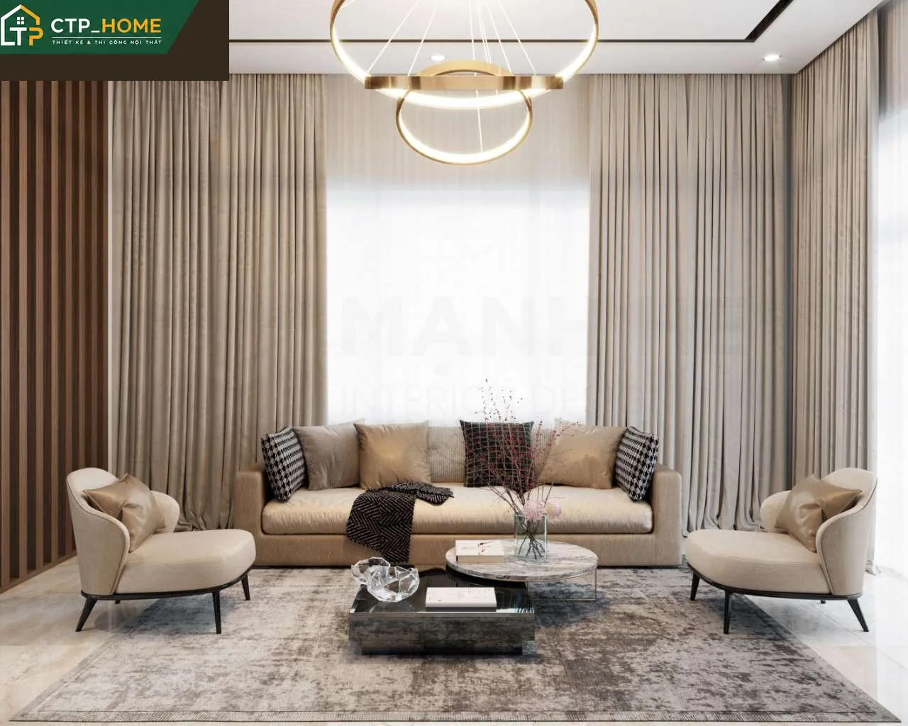 Phòng khách nhà phố Quận 12 thiết kế mở với sofa da cao cấp và kệ tivi gỗ óc chó tự nhiên