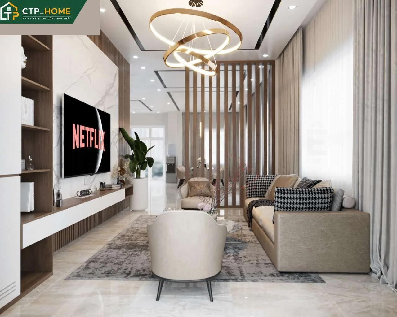 Phòng ngủ master nhà phố Quận 12 với giường gỗ óc chó, tủ âm tường tích hợp đèn LED và đầu giường bọc da mềm
