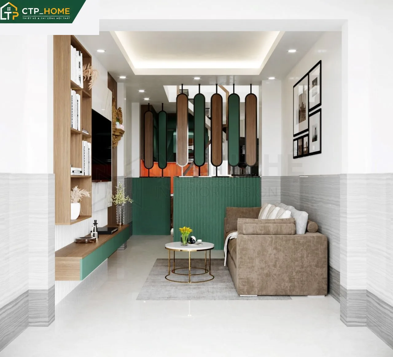 Thiết kế nội thất phòng khách nhà phố Quận 8 hiện đại với sofa da cao cấp và kệ tivi gỗ óc chó