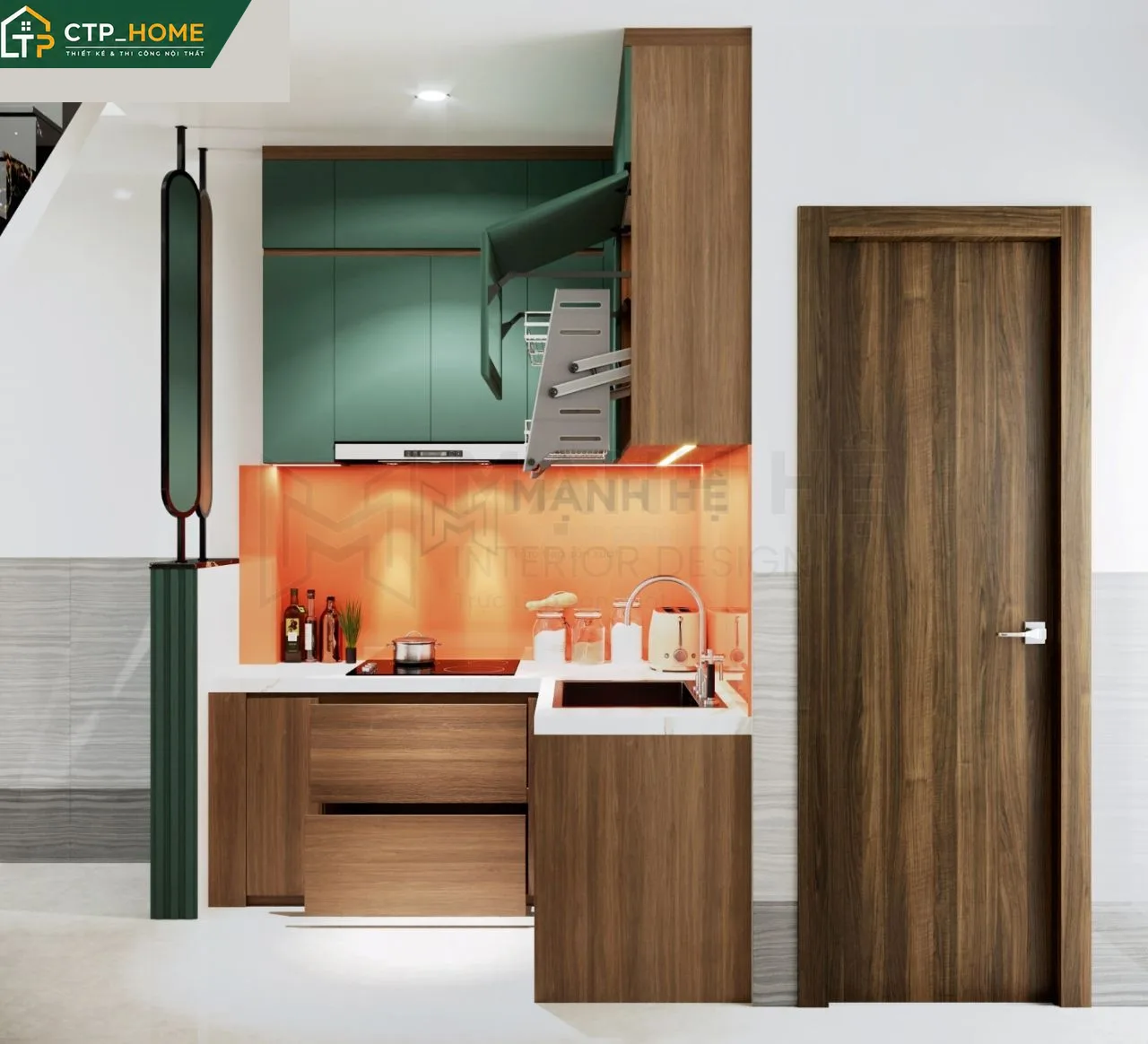 Thiết kế nội thất phòng bếp nhà phố Quận 8 với tủ bếp chữ L, đảo bếp và hệ thống hút mùi hiện đại