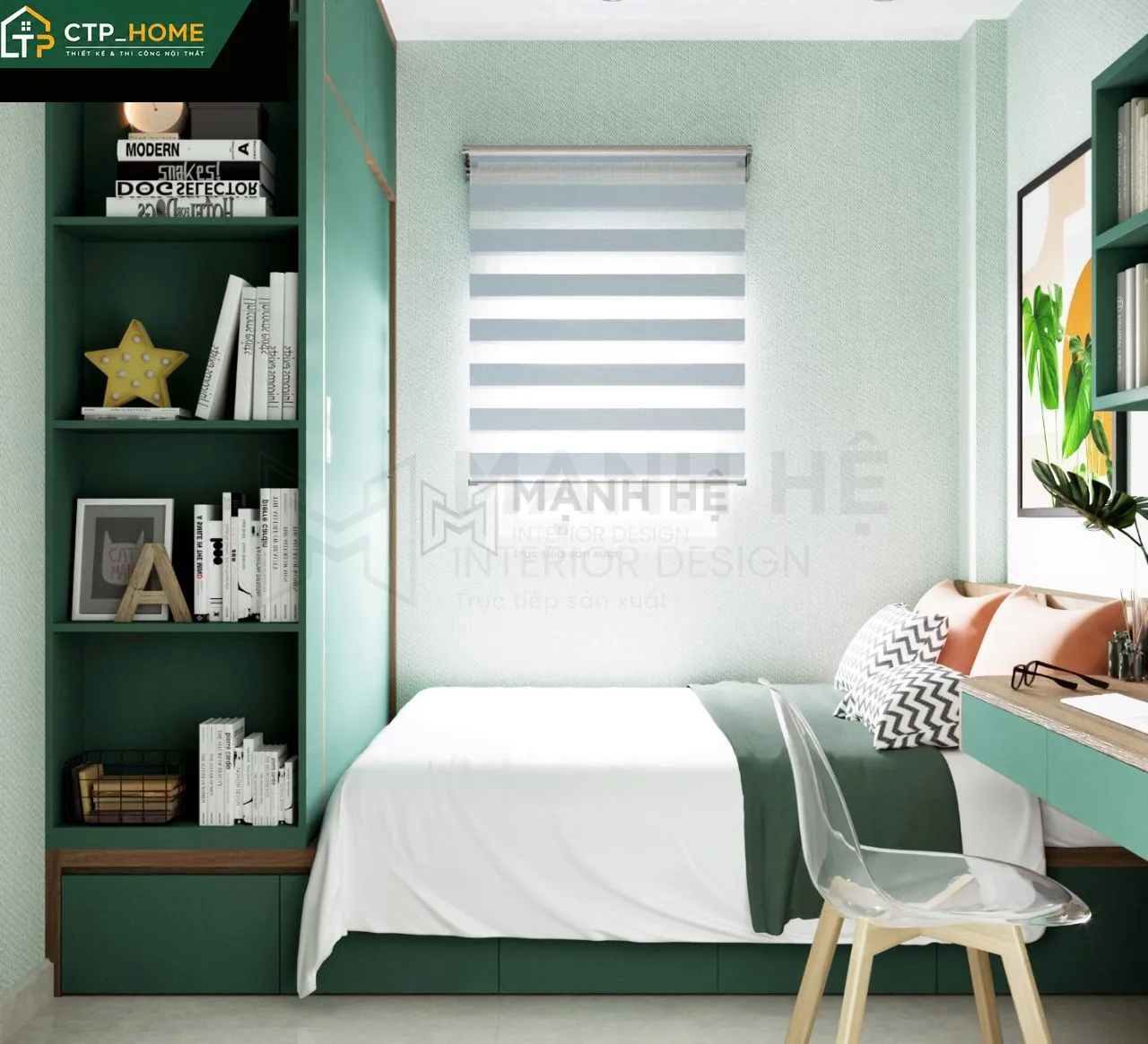 Thiết kế nội thất phòng ngủ master nhà phố Quận 8 với giường gỗ óc chó, đầu giường bọc da và hệ tủ âm tường tối giản