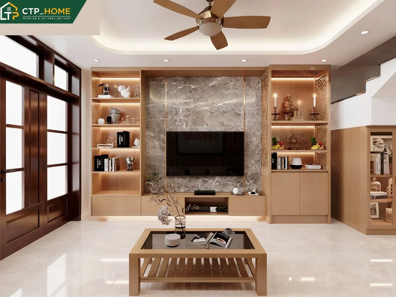 Phòng khách nhà phố Vũng Tàu thiết kế hiện đại với sofa da cao cấp và kệ tivi gỗ óc chó