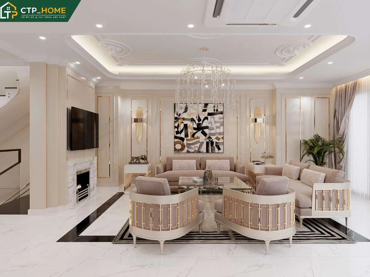Phòng khách biệt thự Thủ Đức 3 tầng thiết kế mở với trần cao và hệ thống đèn led âm trần hiện đại
