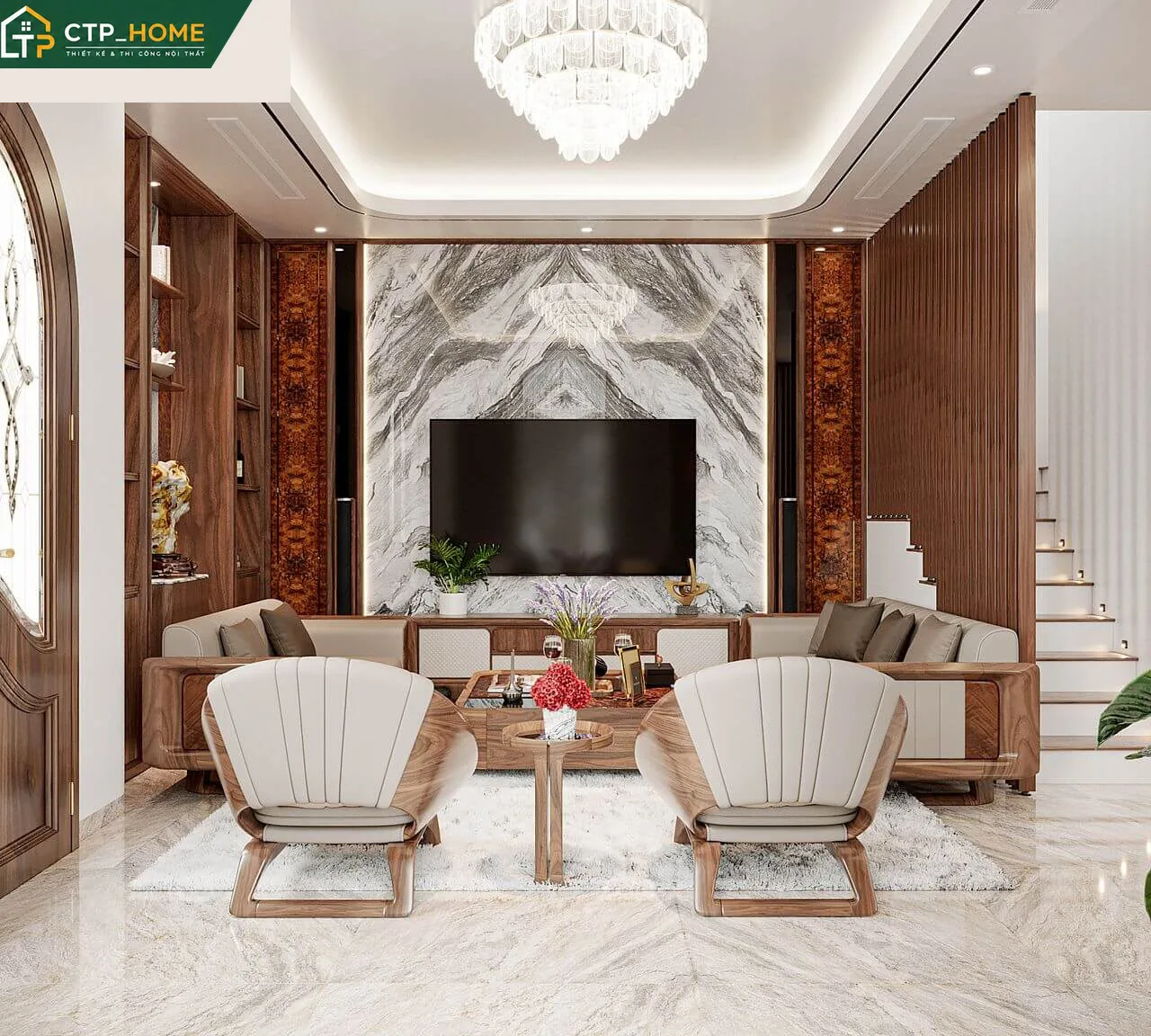 Không gian phòng khách biệt thự Bến Tre 2 tầng với sofa da cao cấp và kệ tivi gỗ óc chó tự nhiên