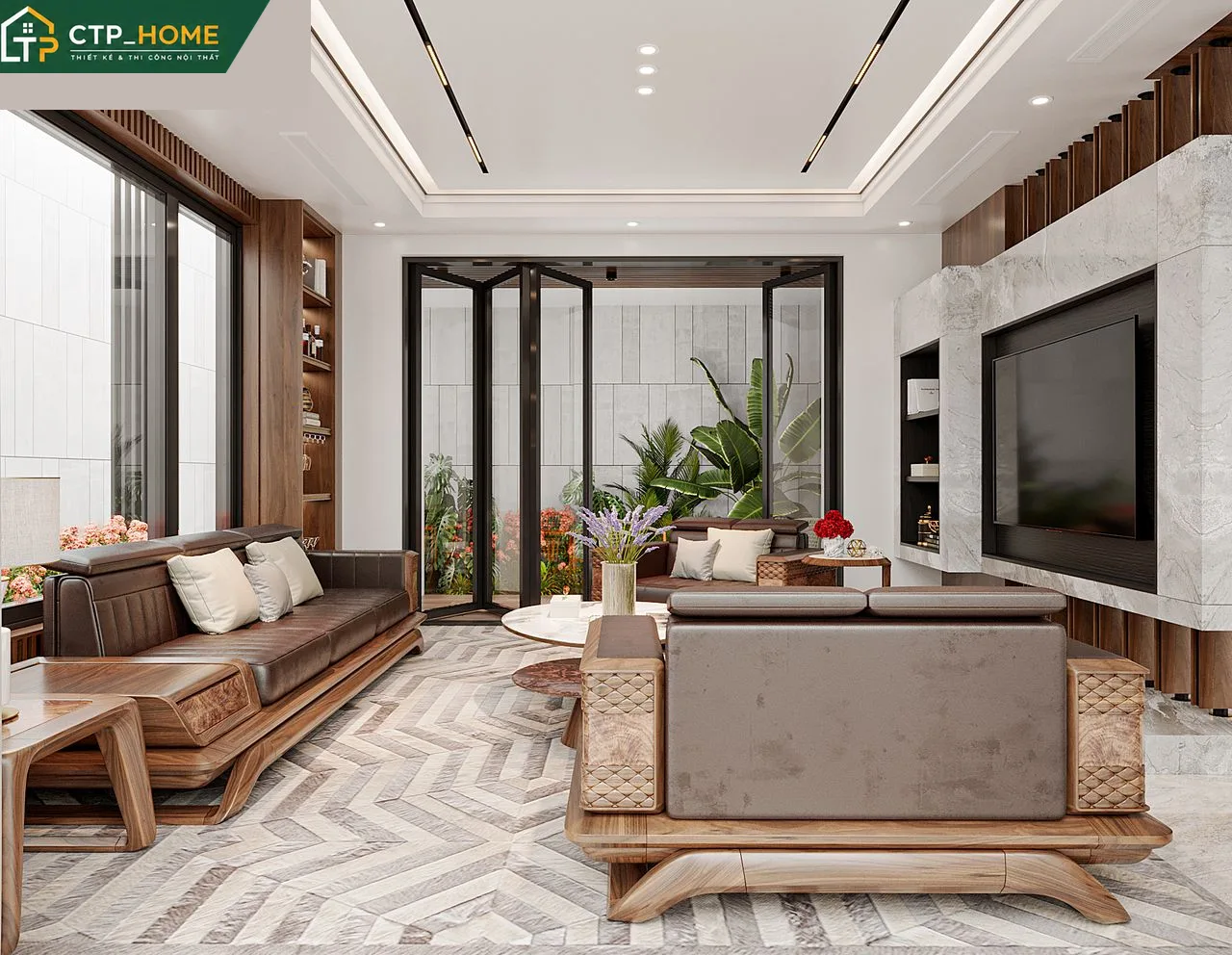 Không gian phòng khách biệt thự Bình Phước 2 tầng thiết kế hiện đại bởi CTP_HOME