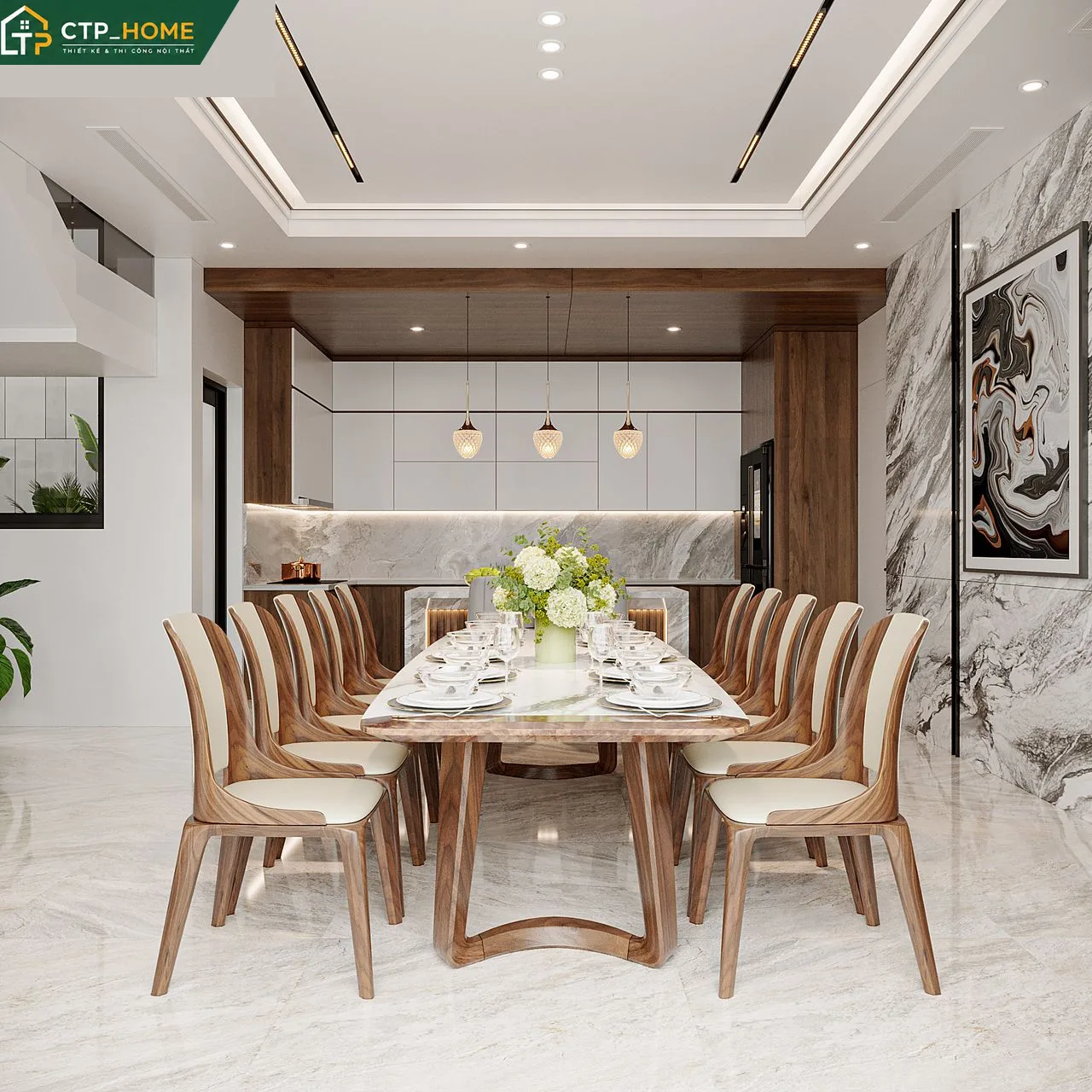 Bếp và phòng ăn biệt thự Bình Phước 2 tầng thiết kế mở, thông minh bởi CTP_HOME