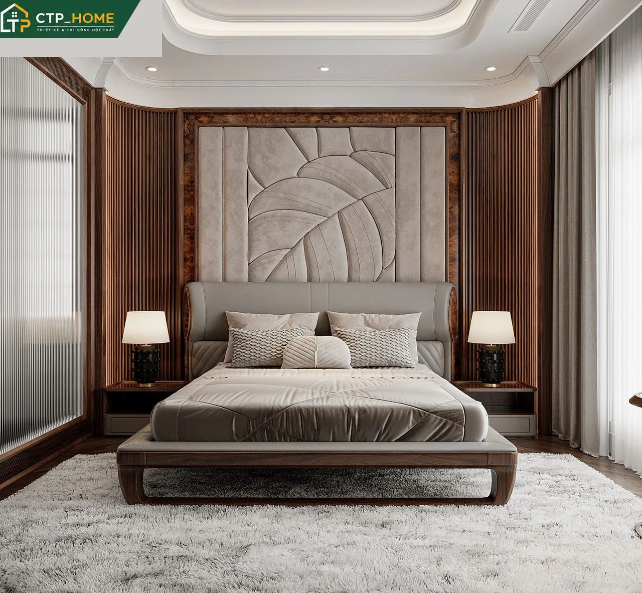 Cầu thang biệt thự Đồng Nai 3 tầng với lan can kính cường lực và tay nắm inox mờ hiện đại