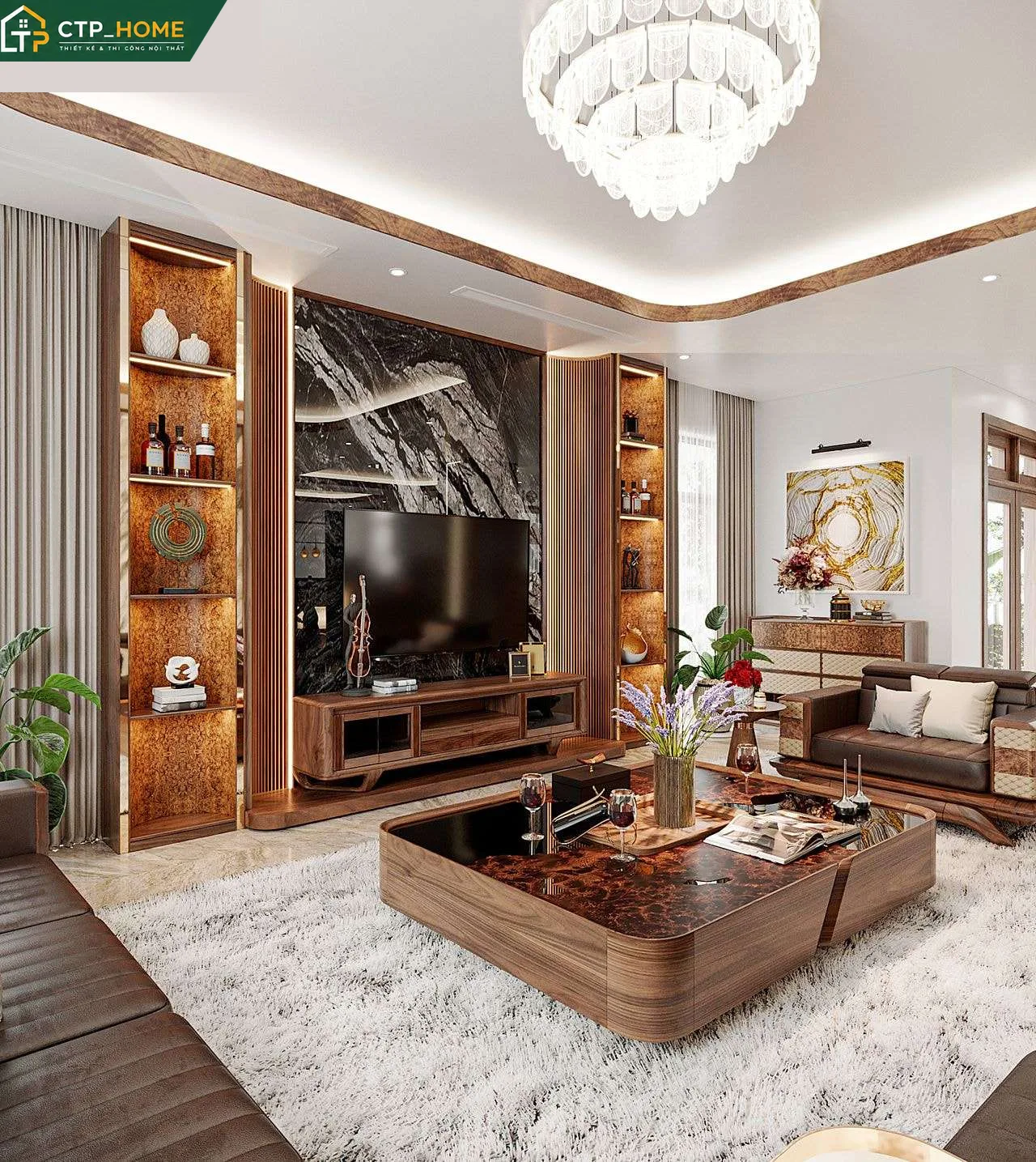 Thiết kế nội thất phòng khách biệt thự Tân Phú 72m2 hiện đại với sofa da cao cấp và kệ tivi gỗ óc chó