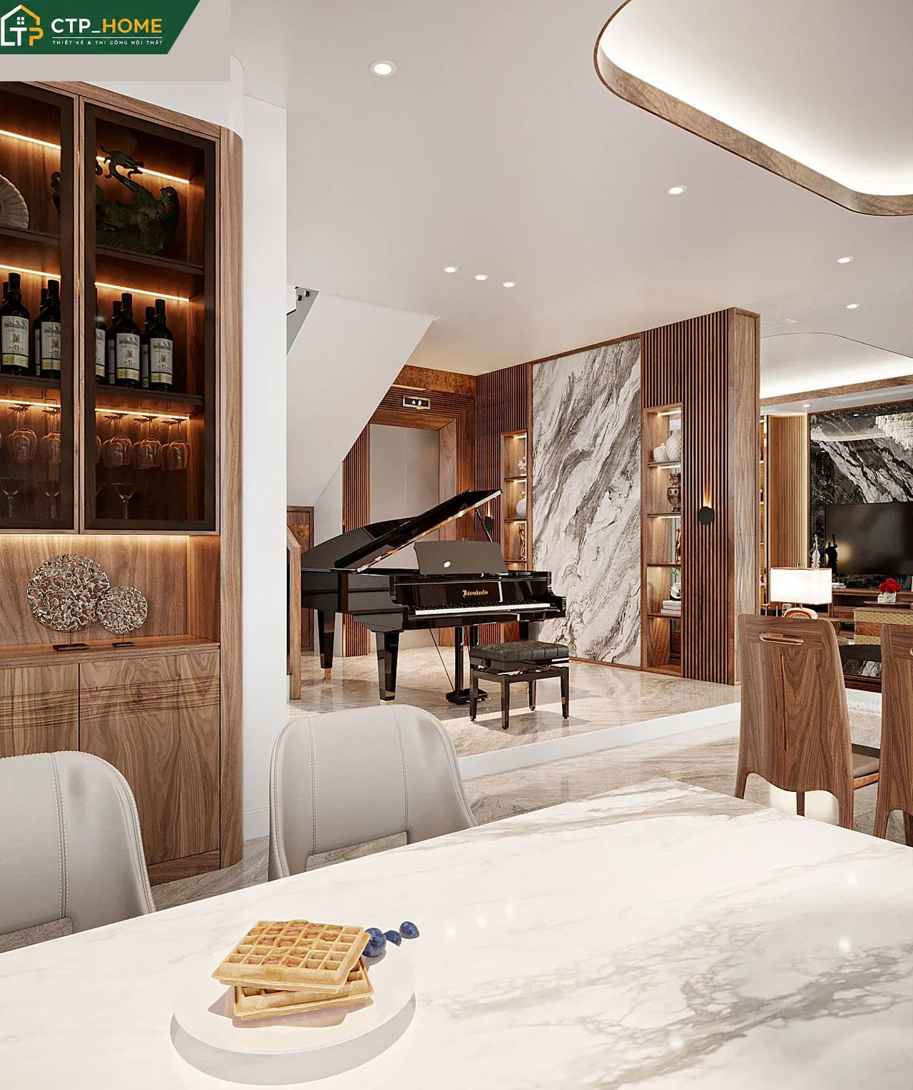 Không gian bếp hiện đại trong thiết kế nội thất biệt thự Tân Phú 72m2 với đảo bếp và hệ tủ thông minh