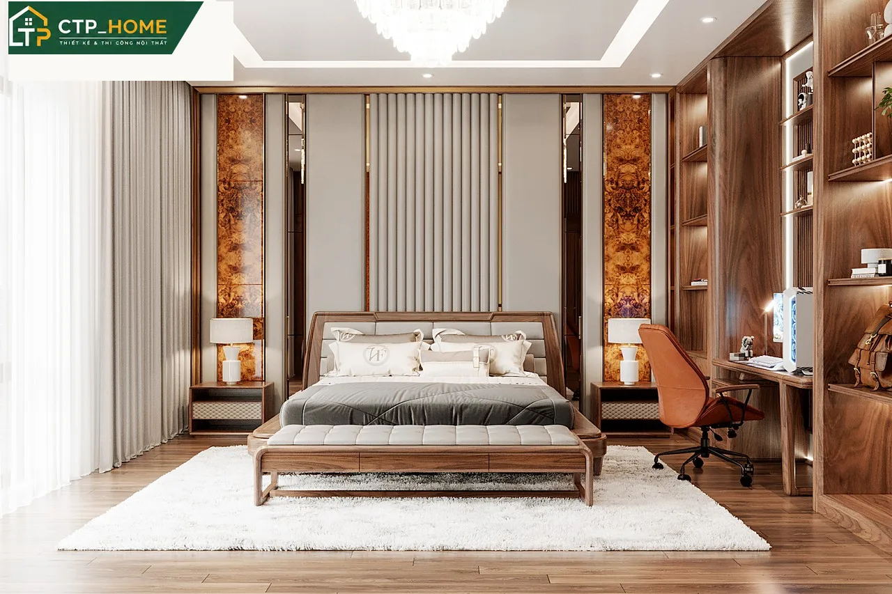 Phòng bếp biệt thự Tiền Giang hiện đại với hệ tủ chữ L, mặt đá trắng và đảo bếp tiện ích