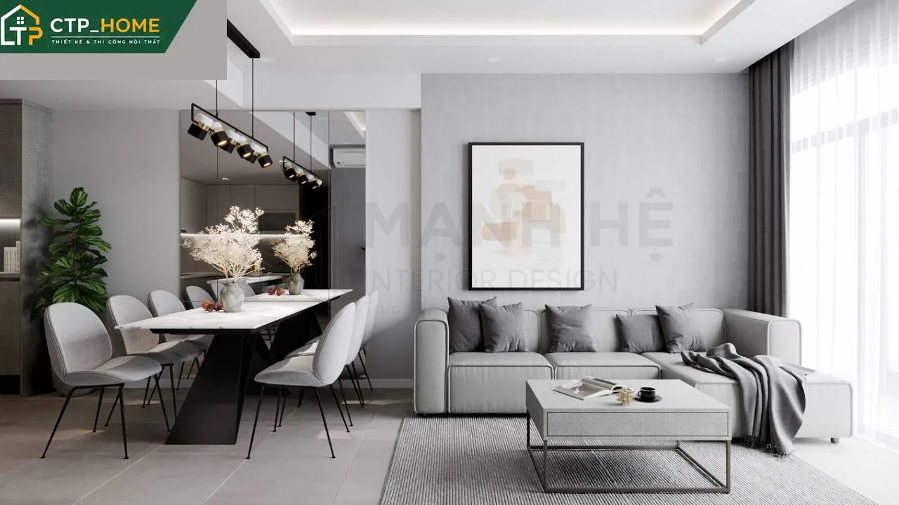 Thiết kế nội thất chung cư Carillon 72m2 phòng khách hiện đại với sofa góc và kệ tivi gỗ MDF phủ melamine trắng