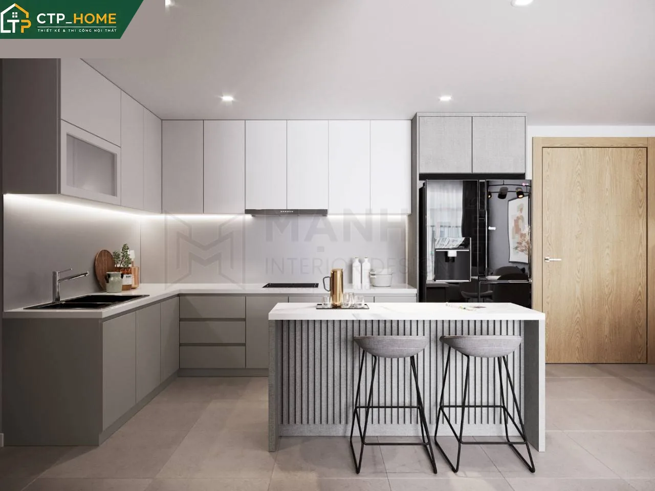 Thiết kế nội thất chung cư Carillon 72m2 phòng bếp chữ L với đảo bếp nhỏ và tủ âm tường hiện đại