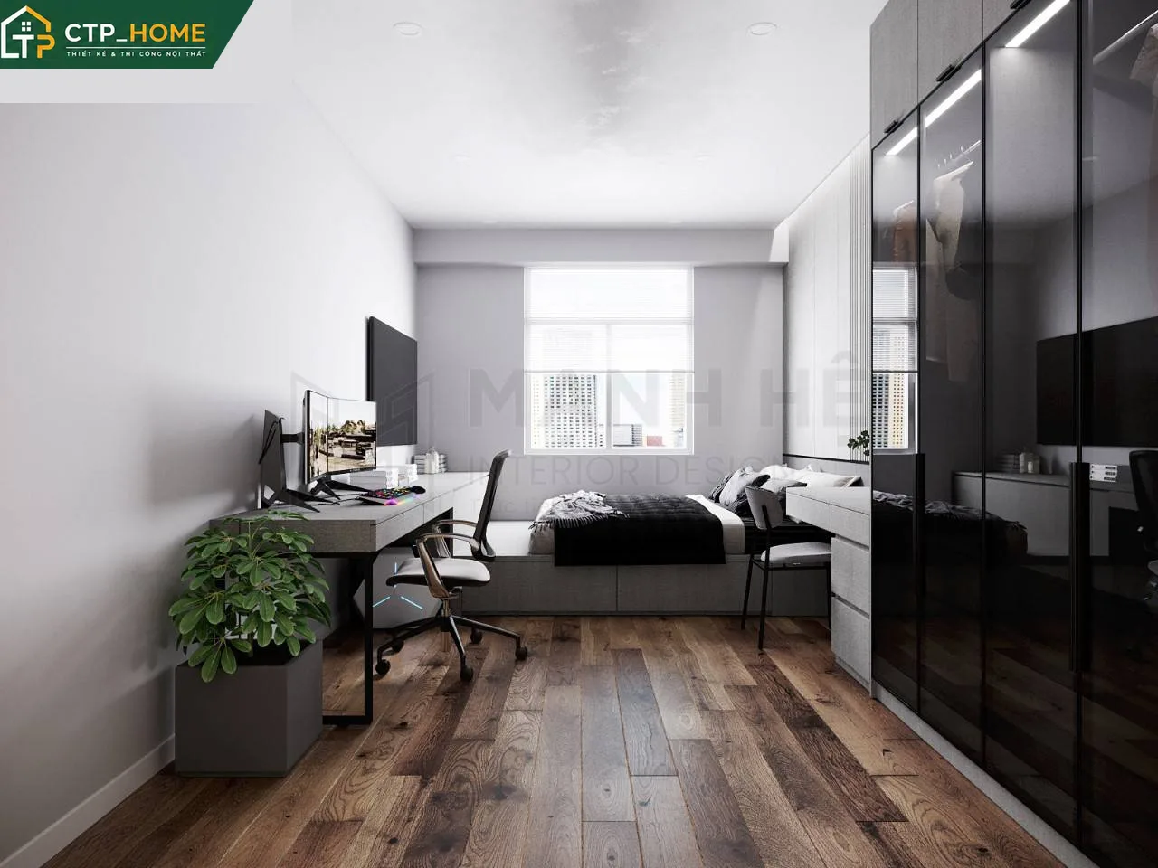 Thiết kế nội thất chung cư Carillon 72m2 phòng ngủ chính với giường gỗ sồi, tủ áo âm tường và đèn ngủ thả hiện đại