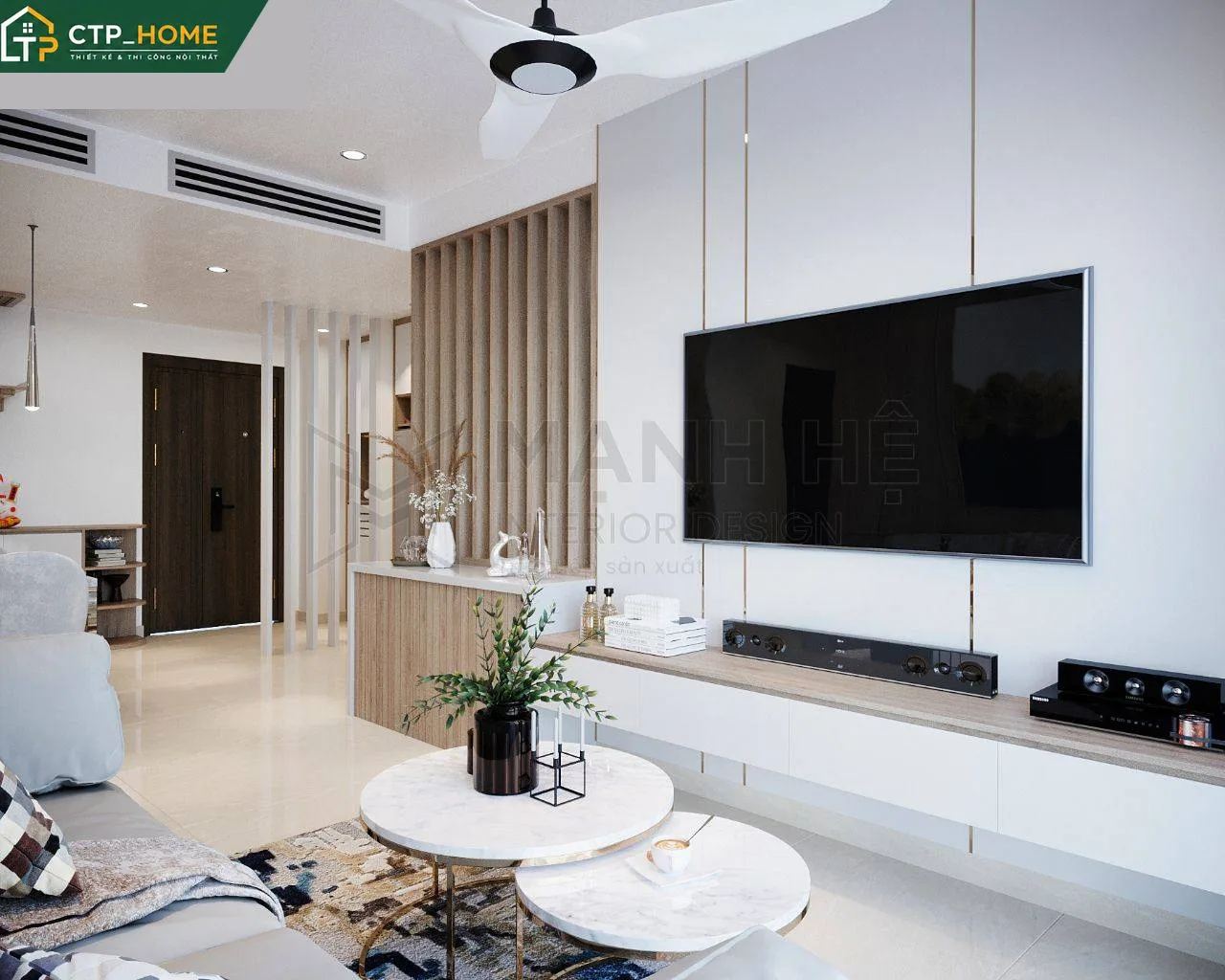 Phòng khách chung cư Golden Star 76m2 thiết kế nội thất hiện đại với sofa góc và kệ tivi gỗ sồi tự nhiên
