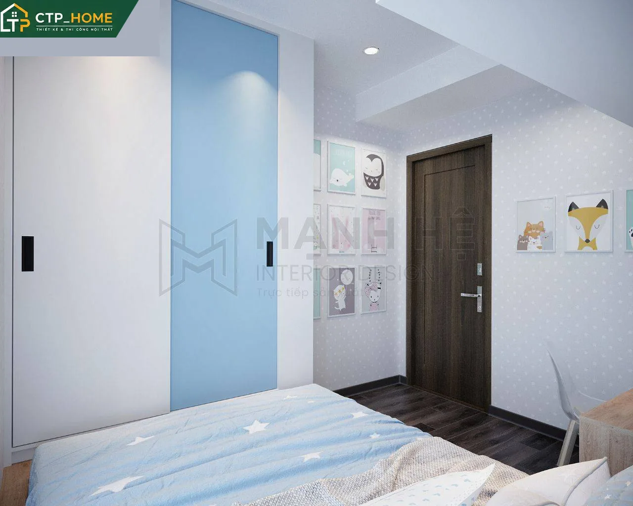 Phòng ngủ master chung cư Golden Star 76m2 thiết kế nội thất sang trọng với giường gỗ óc chó và hệ tủ âm tường tối đa hóa không gian