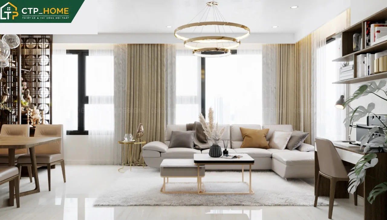 Thiết kế nội thất chung cư Kingdom 101 phòng khách hiện đại với sofa góc da cao cấp và kệ tivi gỗ óc chó tự nhiên