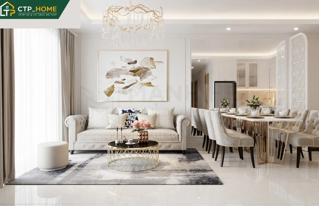 Phòng khách chung cư Lavita Charm 88m2 với sofa góc gỗ sồi tự nhiên và kệ tivi âm tường hiện đại