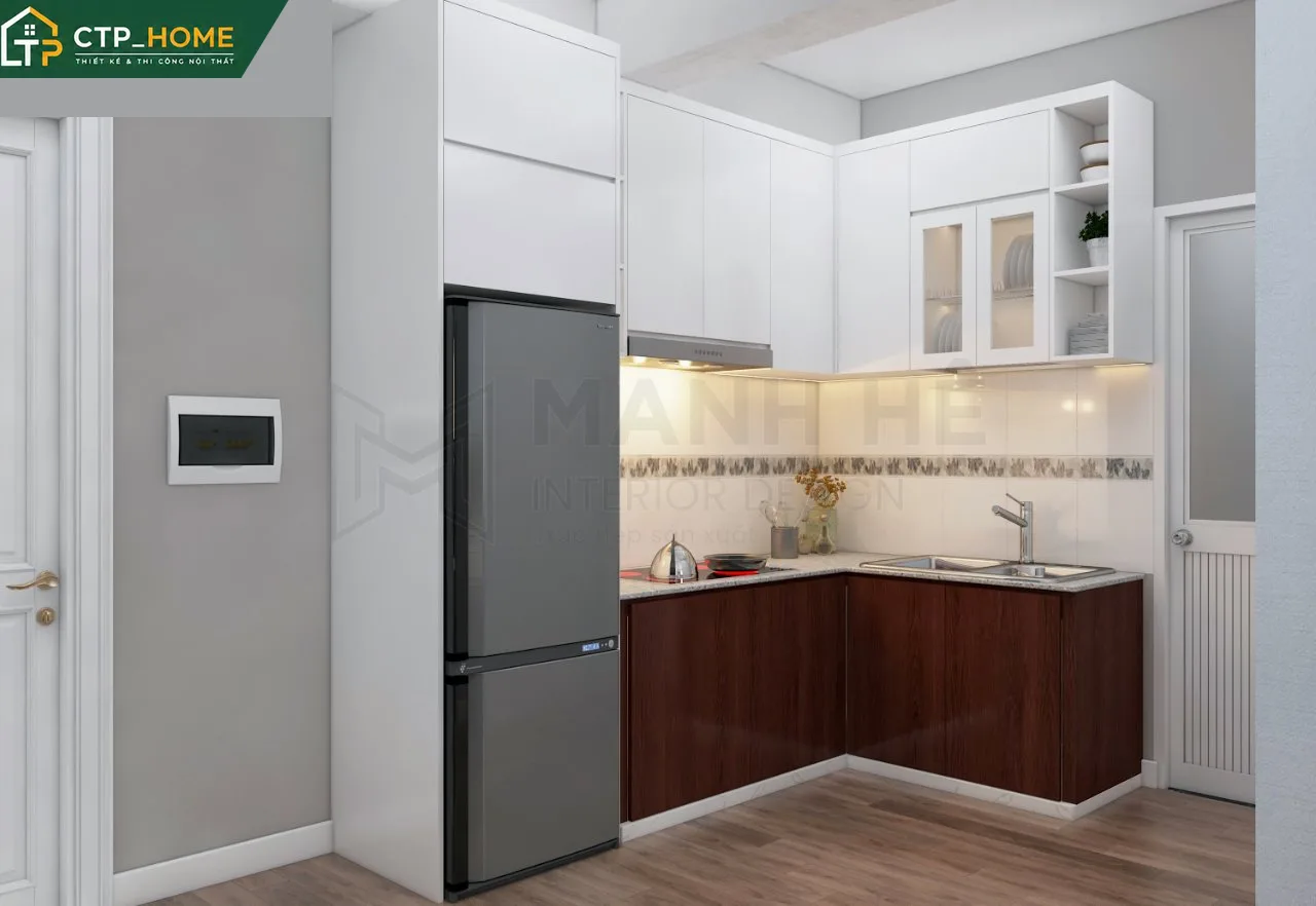 Không gian bếp hiện đại trong thiết kế nội thất căn hộ mini Phan Thành 33m2 với hệ tủ trên – dưới cân đối và mặt đá thạch anh sang trọng