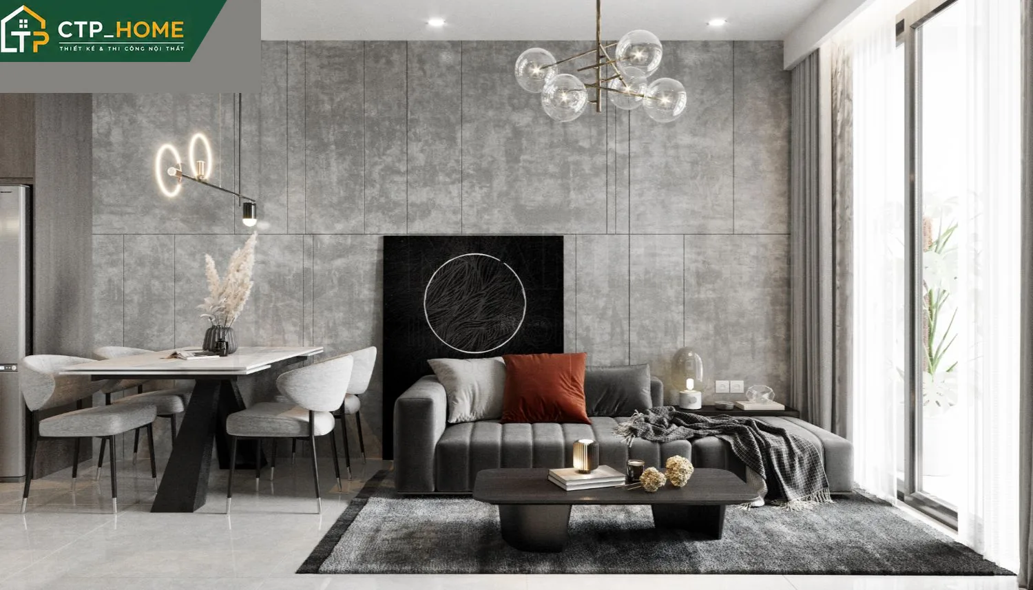 Thiết kế nội thất chung cư Emerald Celadon City 71m2 – không gian phòng khách hiện đại với tone xám – be chủ đạo