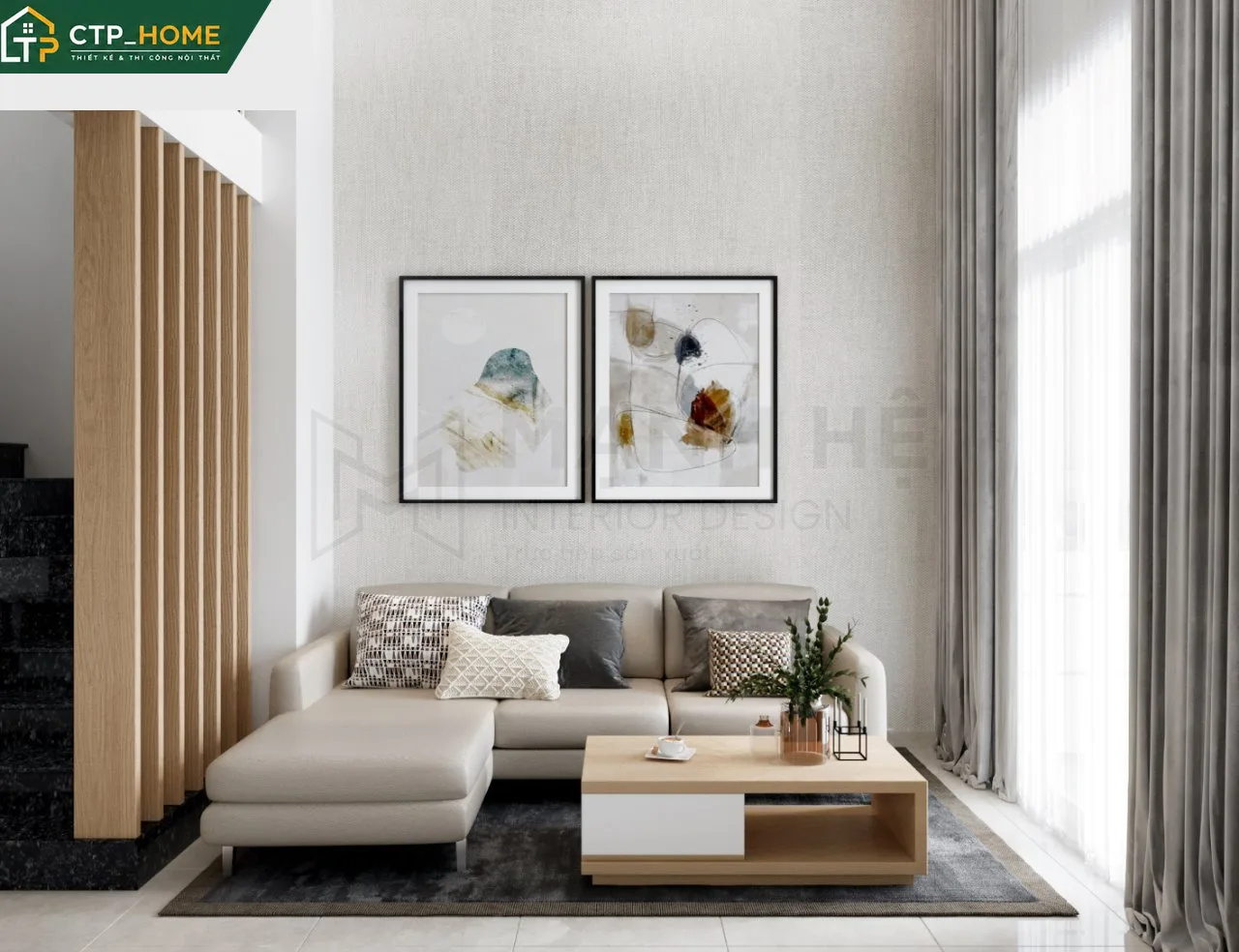 Phòng khách nhà phố Thủ Đức thiết kế hiện đại với sofa da cao cấp và kệ tivi gỗ óc chó