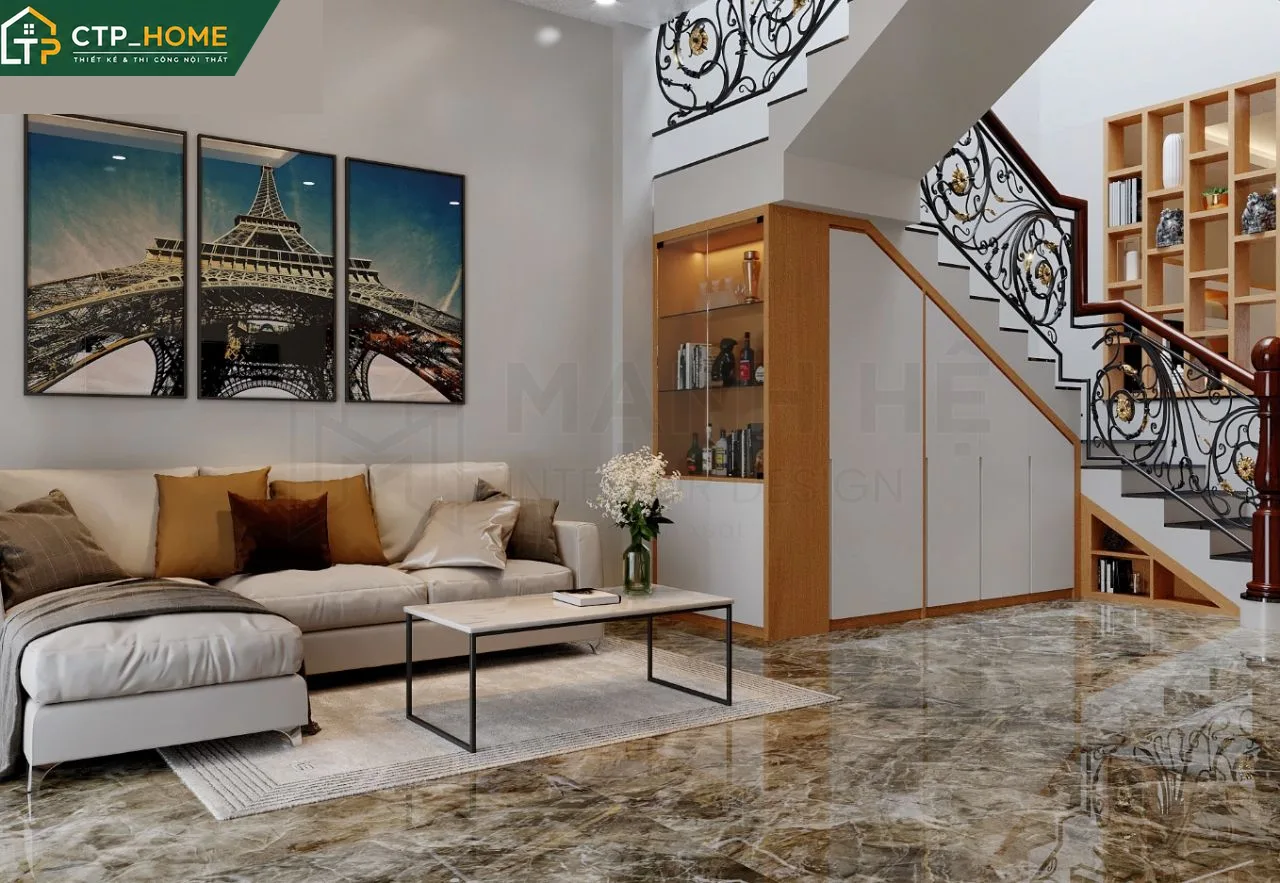 Phối cảnh phòng khách nhà phố 2 tầng Tân Phú với sofa da cao cấp và kệ tivi gỗ óc chó tự nhiên
