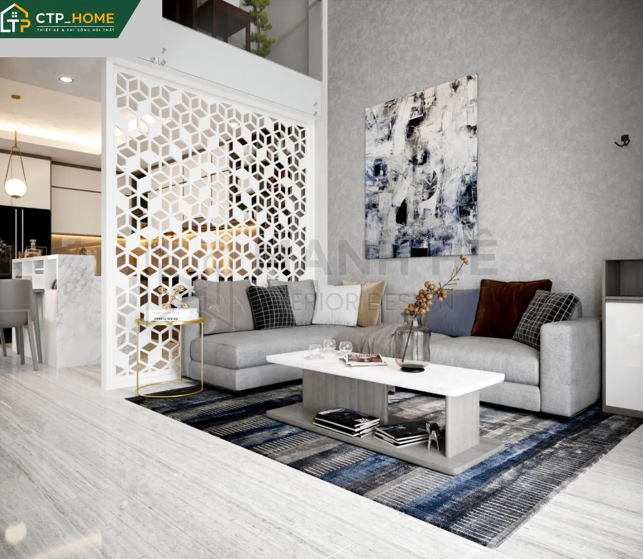 Phòng khách nhà phố 2PN Anh Năm Hóc Môn với sofa góc cao cấp và kệ tivi gỗ sồi tự nhiên