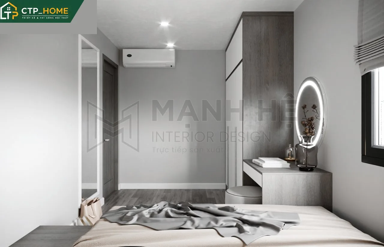Phòng sinh hoạt chung tầng 3 nhà phố Anh Năm Hóc Môn với ghế sofa góc, kệ TV và hệ thống đèn chiếu sáng thông minh