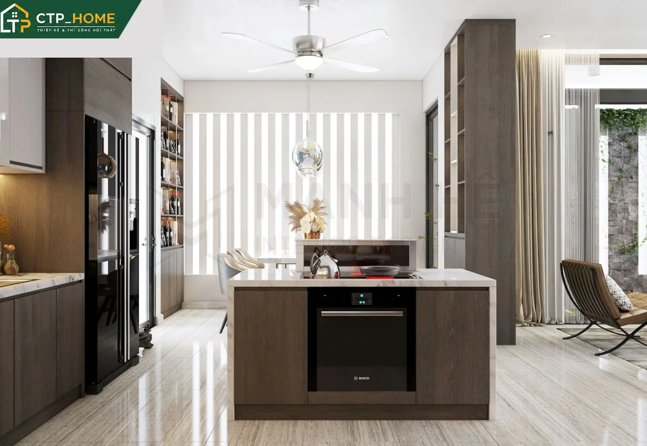 Phòng ngủ master nhà phố Quận 3 với giường gỗ óc chó, đèn trần thả nghệ thuật và hệ tủ âm tường tích hợp gương LED