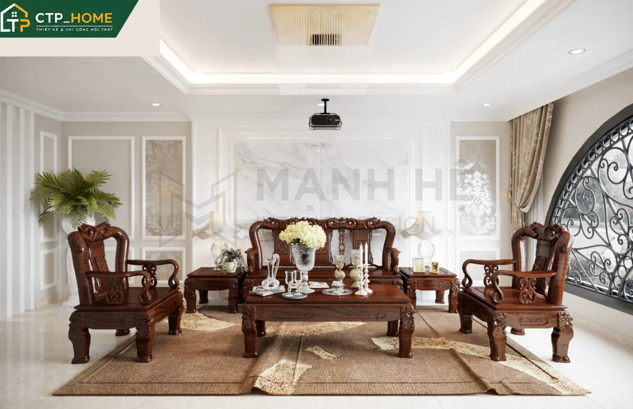 Không gian phòng khách nhà phố gỗ tự nhiên Chú Tâm Gò Vấp với sofa da cao cấp và kệ tivi gỗ sồi Mỹ