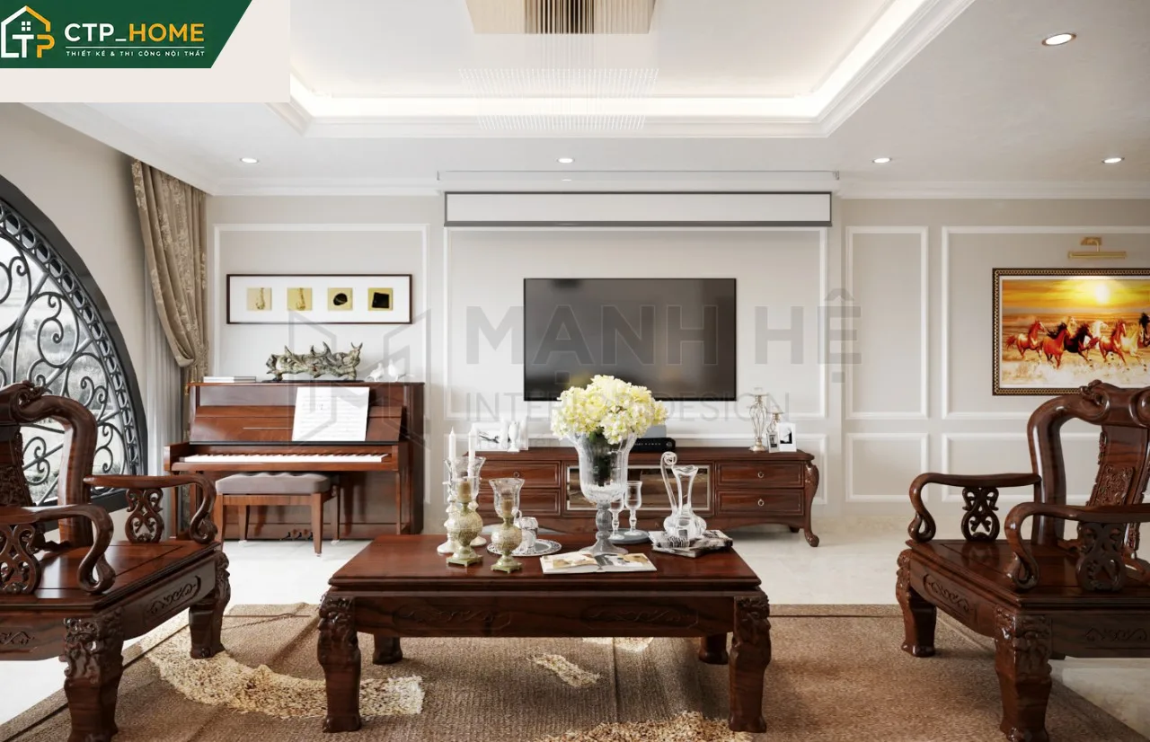 Bếp ăn mở liền kề phòng khách nhà phố Gò Vấp với tủ bếp gỗ xoan đào và mặt đá nhân tạo cao cấp