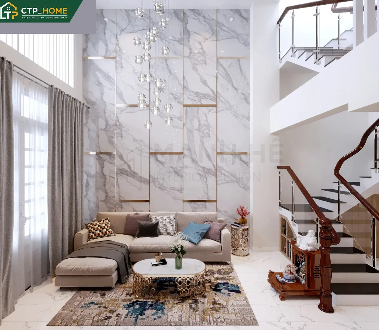 Phòng khách nhà phố Bình Tân hiện đại với sofa da cao cấp và kệ tivi gỗ óc chó tự nhiên
