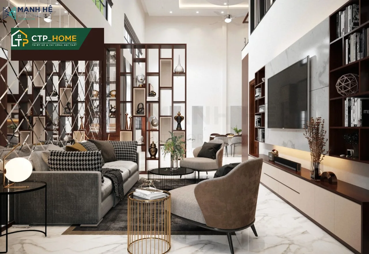Thiết kế nội thất phòng khách nhà phố Cô Liễu Long An phong cách hiện đại với sofa da cao cấp và kệ tivi gỗ óc chó