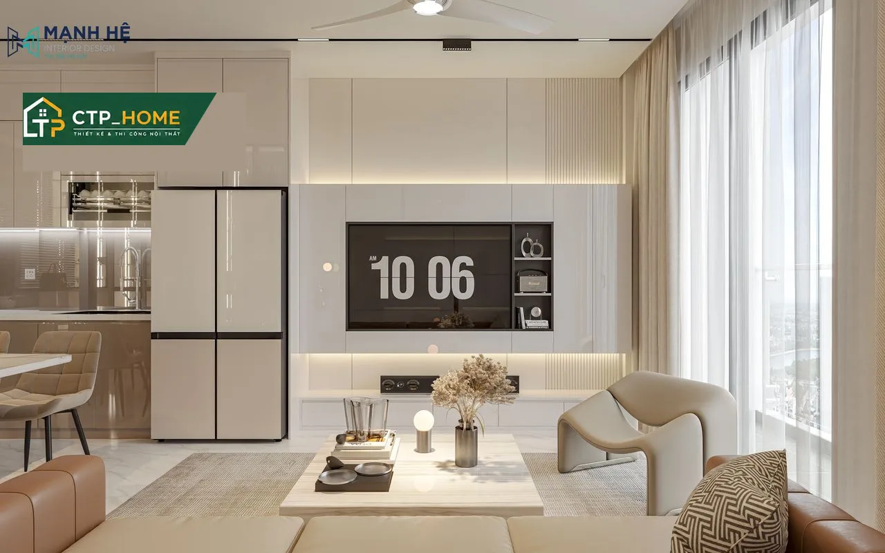 Khu vực bếp ăn liên thông phòng khách trong nhà phố 3 tầng