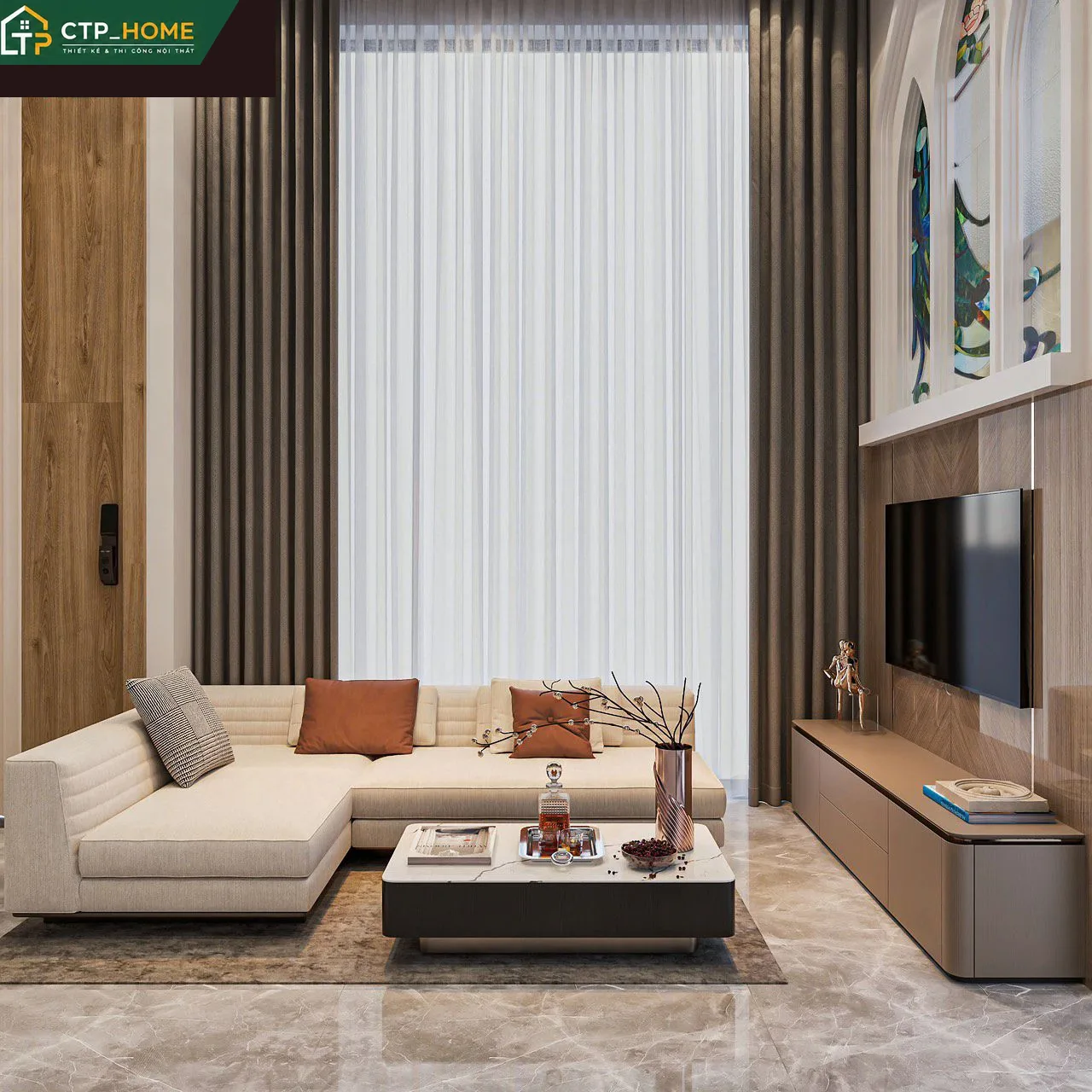 Thiết kế nội thất phòng khách nhà phố Quận 12 phong cách hiện đại với sofa da cao cấp và kệ tivi gỗ sồi tự nhiên