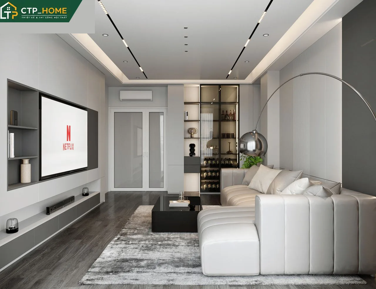 Phòng khách nhà phố Tân Bình 3 tầng thiết kế mở với sofa da cao cấp và kệ tivi gỗ óc chó