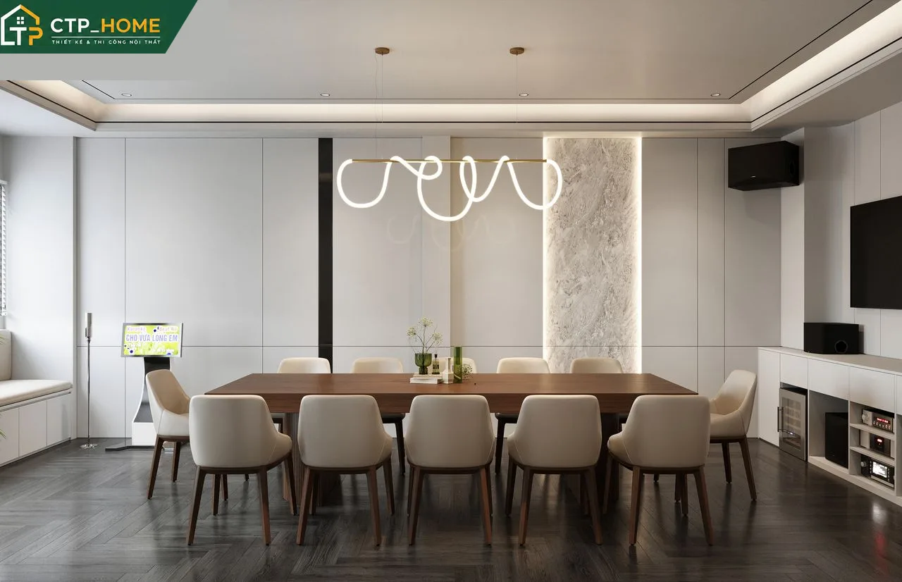 Bếp nhà phố Tân Bình 3 tầng với mặt đá thạch anh, tủ cánh Melamine kháng ẩm và hệ thống hút mùi hiện đại