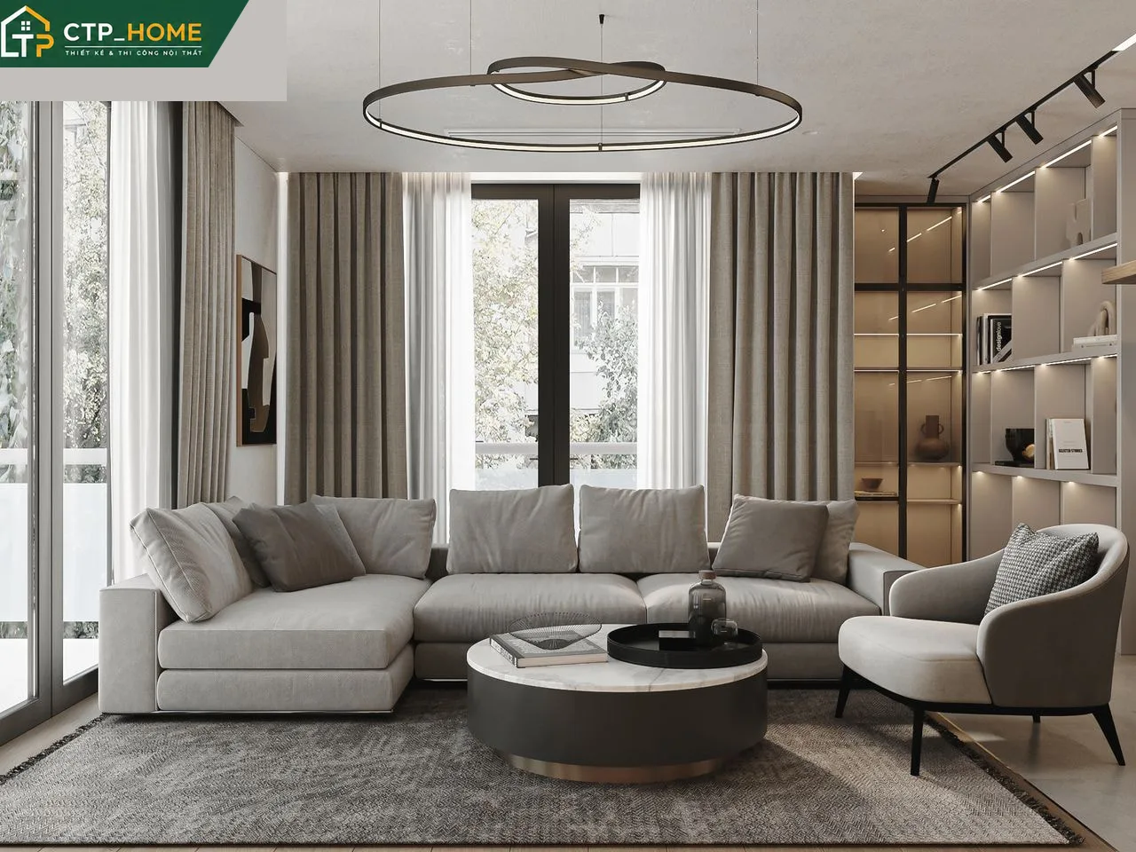 Thiết kế nội thất phòng khách nhà phố Quận 8 hiện đại với sofa da cao cấp và kệ tivi gỗ sồi tự nhiên