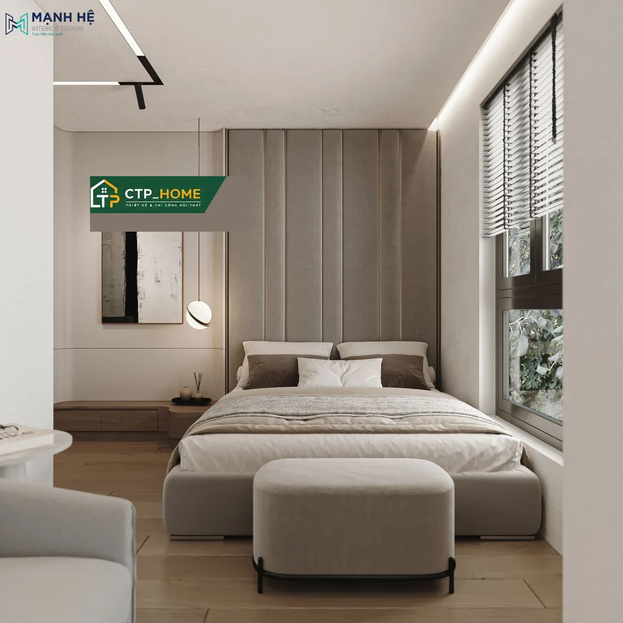 Thiết kế nội thất phòng ngủ master nhà phố Quận 8 với giường gỗ óc chó và đầu giường bọc nỉ cao cấp