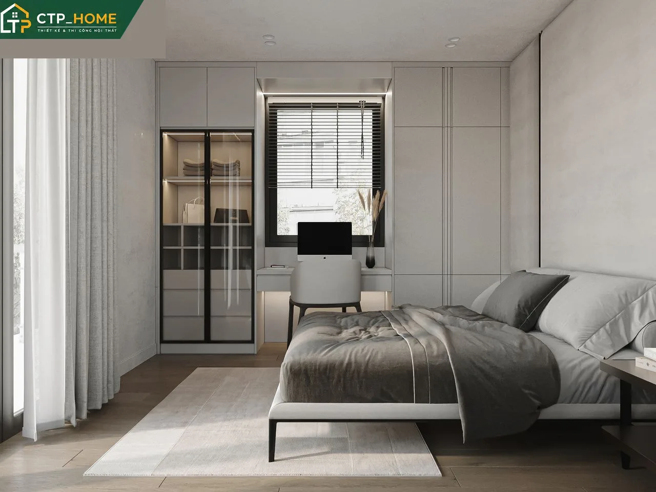 Thiết kế nội thất phòng bếp nhà phố Quận 8 với tủ bếp chữ L, đảo bếp nhỏ và hệ thống đèn led chiếu sáng chuyên dụng