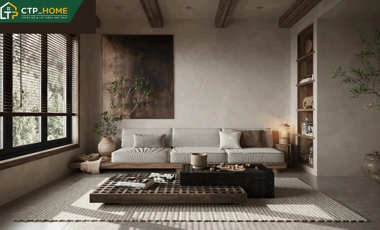 Phòng khách nhà phố Nine South Quận 8 với sofa da cao cấp, kệ tivi gỗ óc chó và hệ đèn trần hiện đại